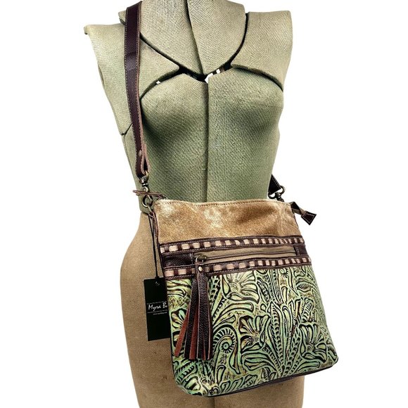 Myra Bag Crossbody Delphine Canvas Hairon Bag Embossed Western Boho Leather Med. - Picture 1 of 8